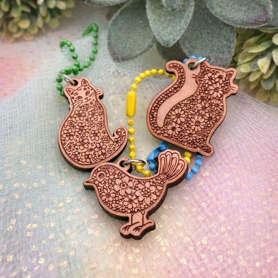 Floral Animal Cherry Wood Keychain Charms- 3 styles- Cats or Bird