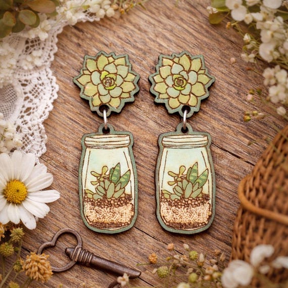 Succulent Mason Jar Earrings – Hand Painted Wooden Jewelry