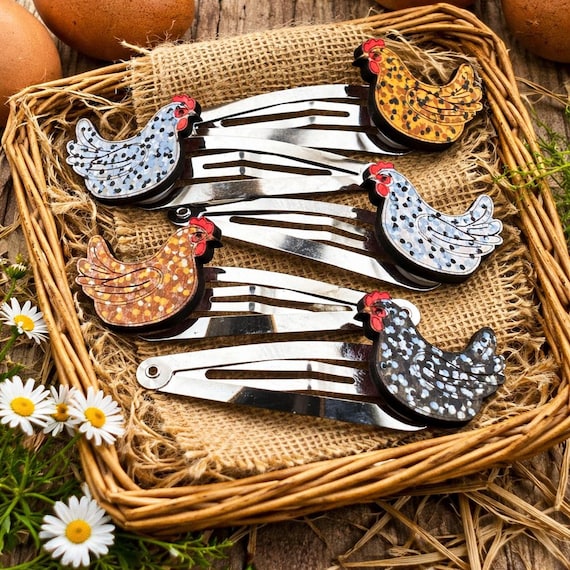 Speckled Chicken Hair Clips, Hand-Painted Wood (Custom Colors Available)