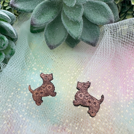 Wood Floral Scottish Terrier Dog Earrings