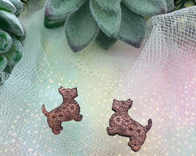 Wood Floral Scottish Terrier Dog Earrings