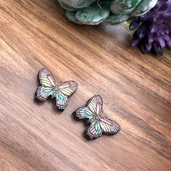 Rainbow Butterfly Stud Earrings, Pastel Wood (Lightweight, Hand Painted)