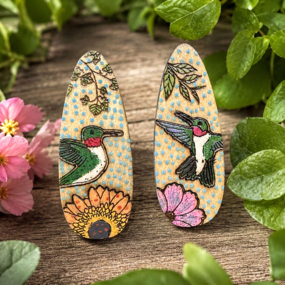 Ruby Throated Hummingbird Hair Clips | Hand Painted Basswood | Botanical Alligator Pair - Mismatched