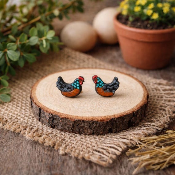 Chicken Stud Earrings Hand Painted Wood with Stainless Steel Posts