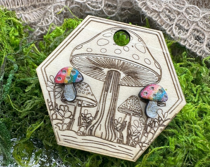 Handmade Rainbow Glitter Mushroom Earrings