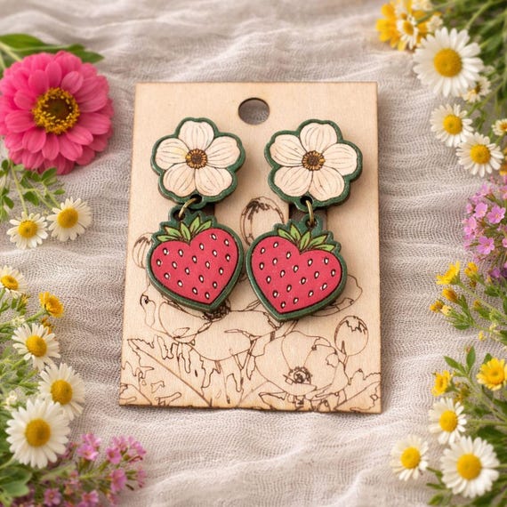 Strawberry & Flower Dangle Earrings – Hand-Painted Wood, Hypoallergenic Posts