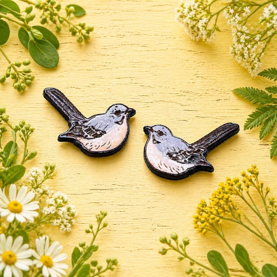 Northern Mockingbird Wood Earrings - Lightweight Hand-Painted Studs