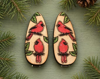 Cardinal Hair Clips Laser Cut from Wood and Hand Painted
