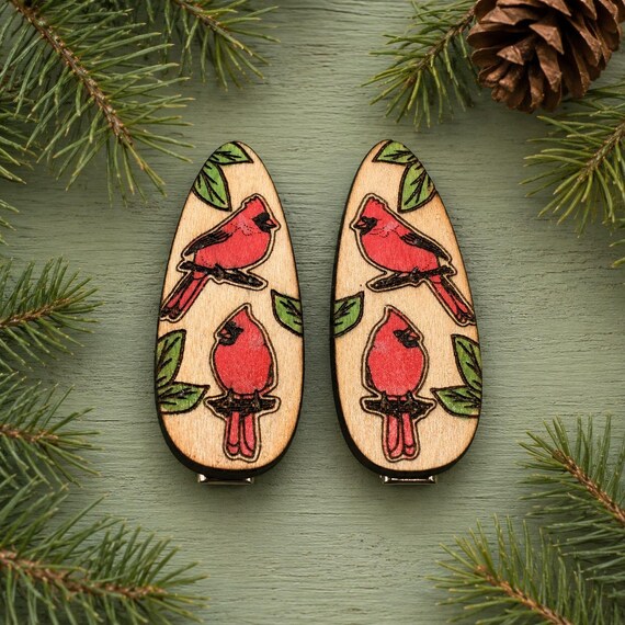 Cardinal Hair Clips Laser Cut from Wood and Hand Painted
