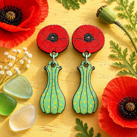 Poppy Flower in a Vase Earrings - Lightweight Dangles