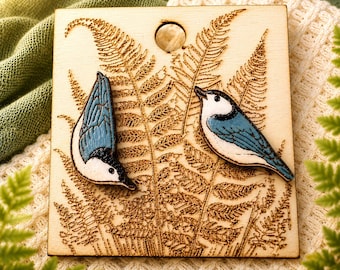 Nuthatch Asymmetrical Bird Stud Wood Earrings - Hypoallergenic Posts - Hand Painted & Laser Cut