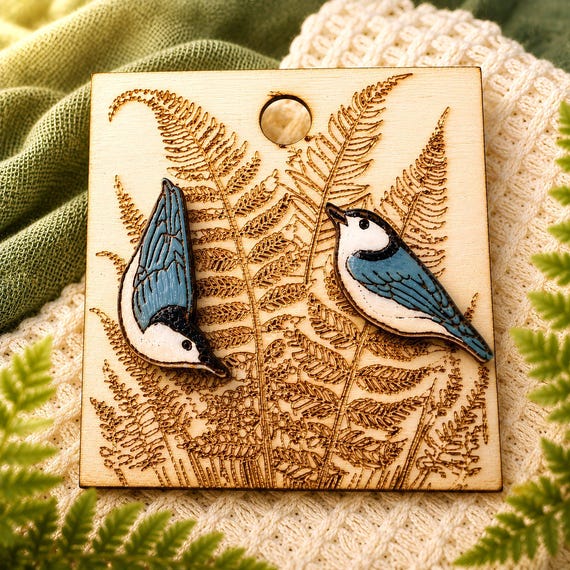 Nuthatch Asymmetrical Bird Stud Earrings (Hypoallergenic Posts)