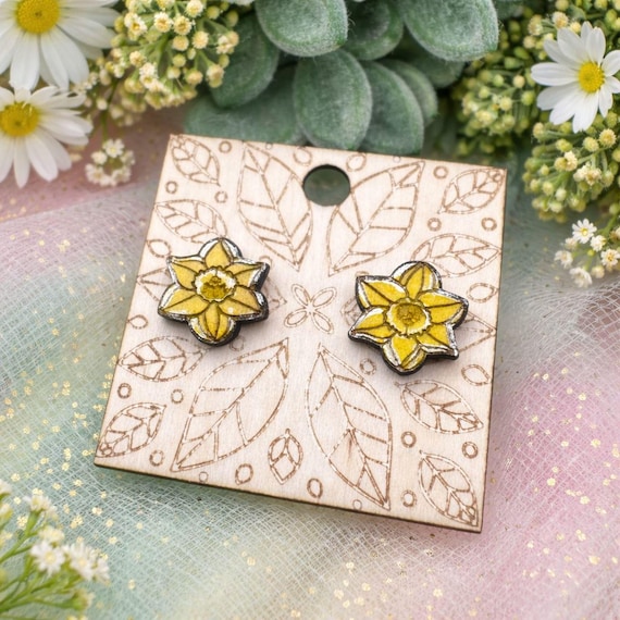 Daffodil Wood Stud Earrings, Yellow Spring Flowers (Sterling Silver Post)