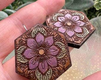 Cherrywood Floral Engraved Hexagon Earrings