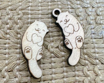 Adorable Otters Holding Hearts Wood Crafting Charms