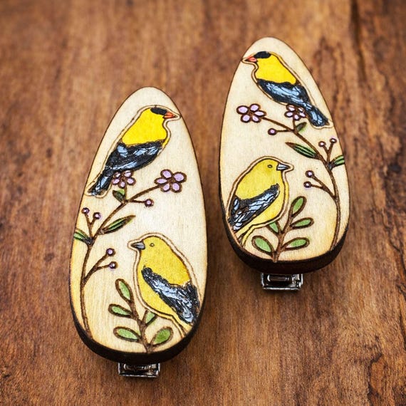 Goldfinch Bird Hair Clips – Hand-Painted, Laser Cut Wood Barrettes - American Basswood