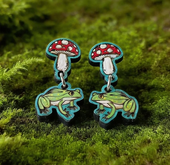 Frog Mushroom Earrings – Whimsical Woodland Style Jewelry