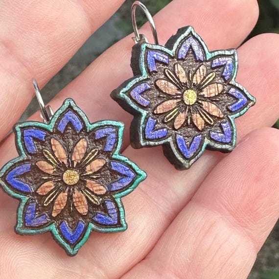 Laser Cut Hand Painted Mahagony Wood Earrings with Stainless Steel Leverback Findings for Jewelry