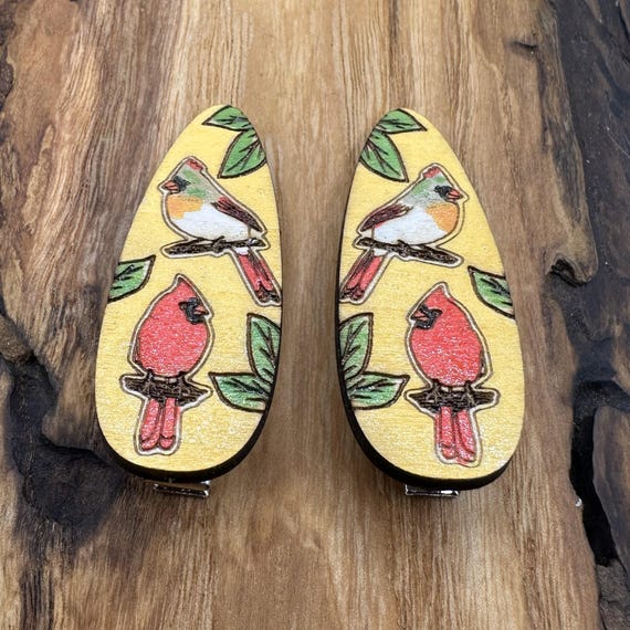 Cardinal Hair Clips Laser Cut from Wood and Hand Painted