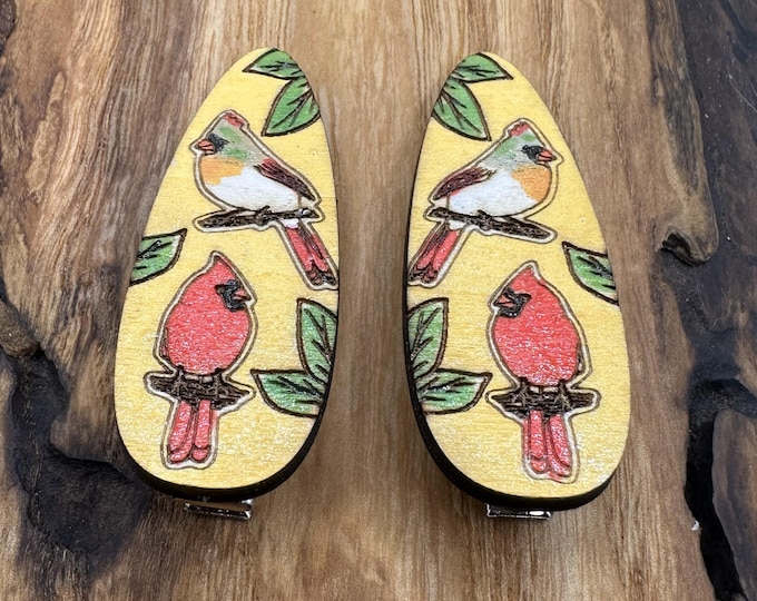 Cardinal Hair Clips Laser Cut from Wood and Hand Painted