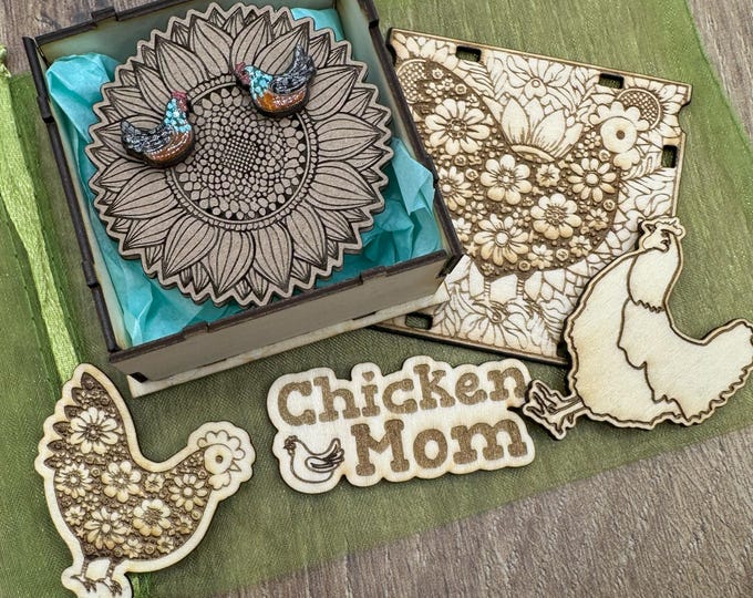 Hand-Painted Chicken Stud Earrings Gift Set: Basswood Chicken Mom Jewelry