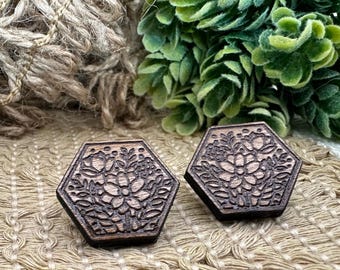 Cherrywood Floral Engraved Hexagon Earrings