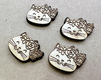 Pairs Doodle Cat with Floral Crown Wood Earring Blanks, Unfinished Earrings, Laser Engraved Charms for Crafts or Jewelry