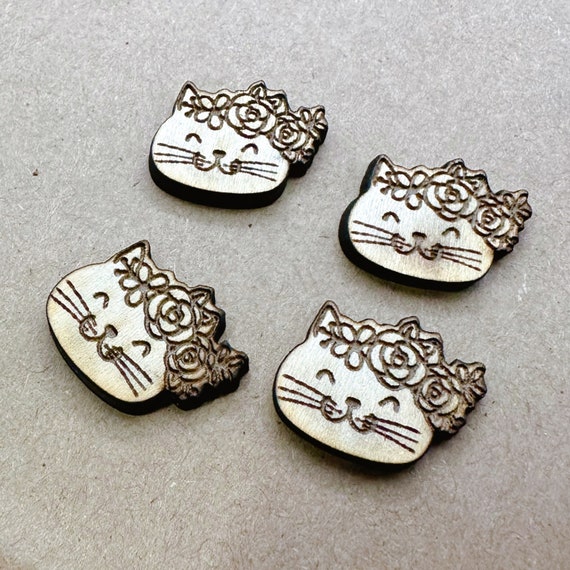 Laser Engraved Basswood Earring Blanks: Doodle Cat with Floral Crown