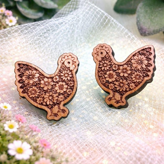 Floral Chicken Wood Earrings, Cherry Laser Engraved (Stainless Steel Posts)