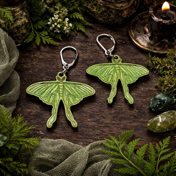 Luna Moth Earrings - Hand Painted Wood with Subtle Glitter