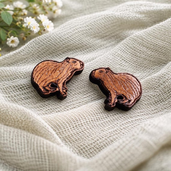 Cherry Wood Capybara Stud Earrings with Stainless Steel Posts