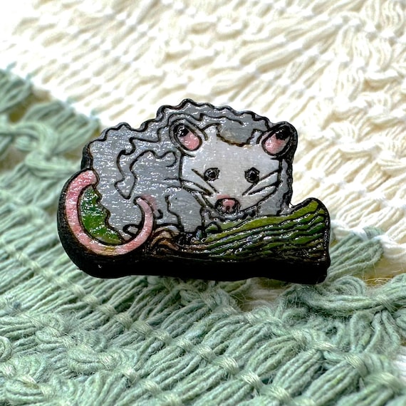 Woodland Opossum Pin: Hand-Painted Basswood, Nature Lover Accessory
