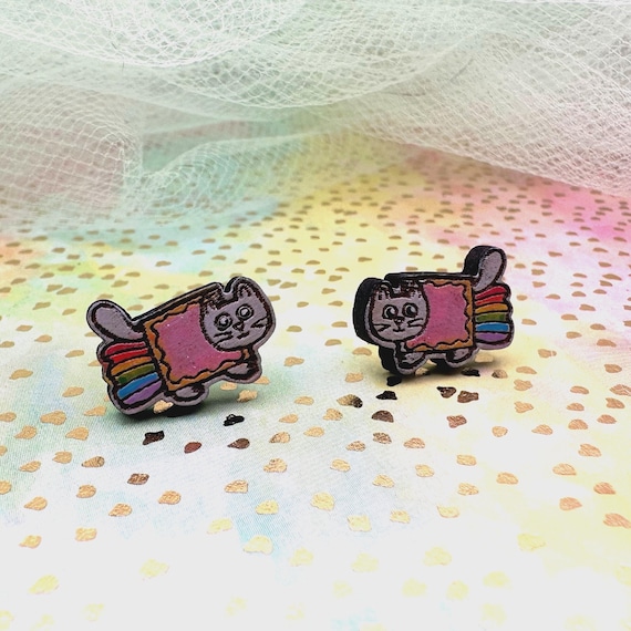 Kawaii Nyan Cat Meme Stud Earrings- Hand-painted Lasercut Wood