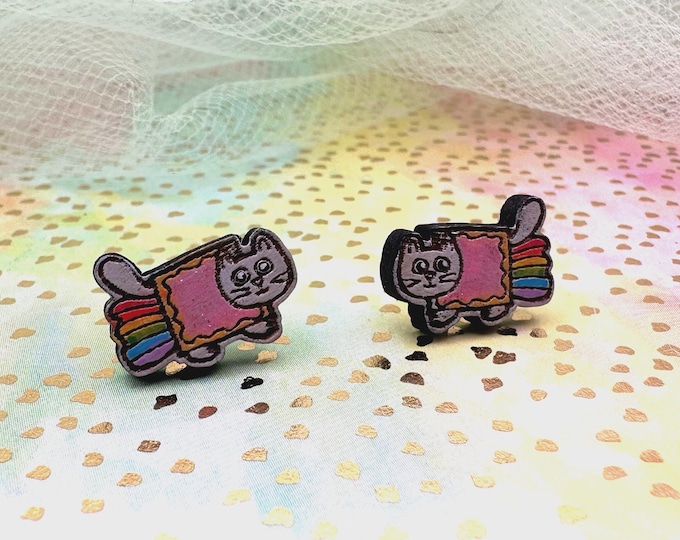 Kawaii Nyan Cat Meme Stud Earrings- Hand-painted Lasercut Wood