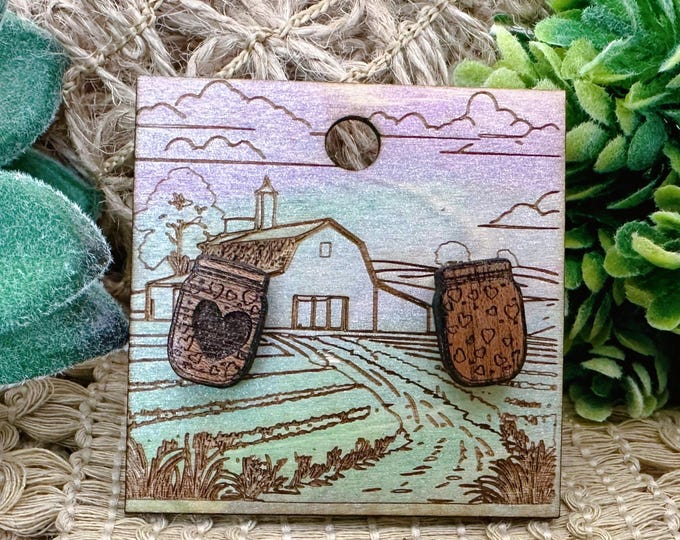 Hearts in a Mason Jar Cherry Wood Earrings