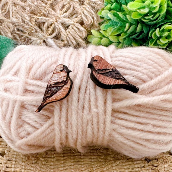 Cherrywood Finch Earrings: Handcrafted Bird Studs in Wood