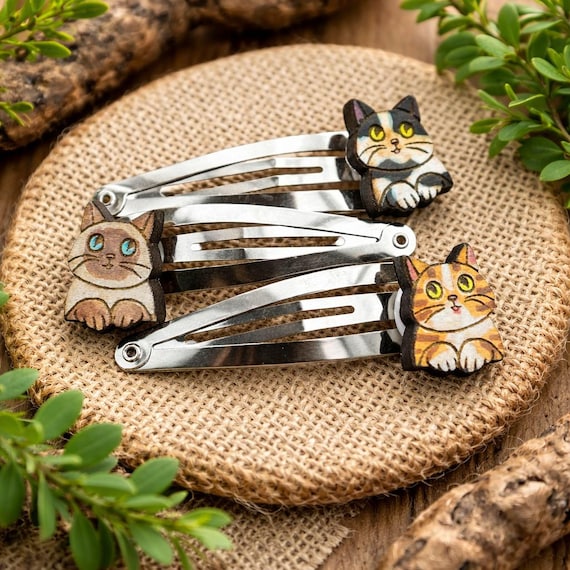 Custom Cat Hair Clips: Hand-Painted Wood, Matching or Mixed Pair