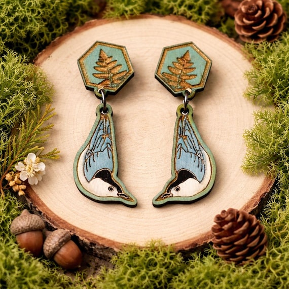 Bird Lover Earrings: Nuthatch Design (Wood, Hand Painted)