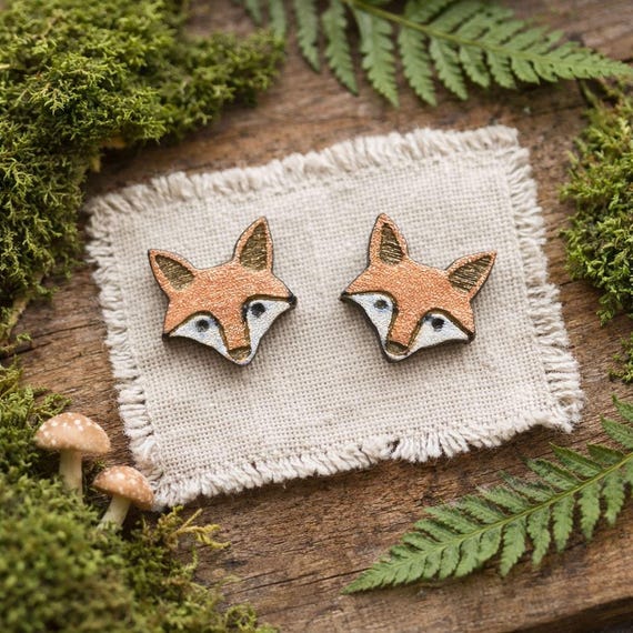 Woodland Fox Wood Painted Earrings, Nature Wildlife Studs