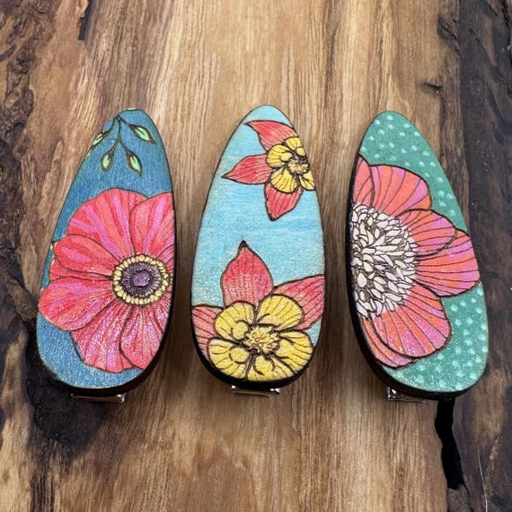 Floral Hair Clips Laser Cut from Wood and Hand Painted