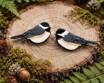Chickadee Stud Earrings - Hand Painted & Laser Cut Wood - Fun Bird Studs