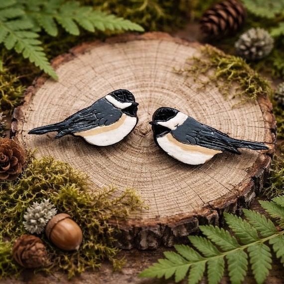 Hand Painted Chickadee Earrings: Laser Cut Wood Bird Studs