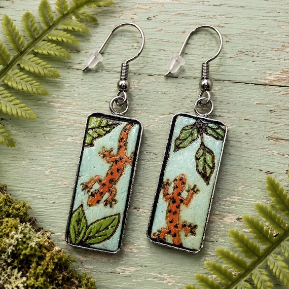 Salamander Earrings: Orange Hand Painted - Lightweight Basswood Dangles