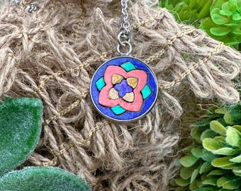 20mm Quilt Inspired Colorful Mosaic Wood and Stainless Steel Pendant in a Gift Box