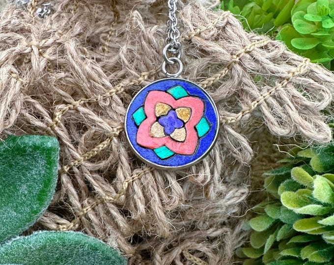 20mm Quilt Inspired Colorful Mosaic Wood and Stainless Steel Pendant in a Gift Box