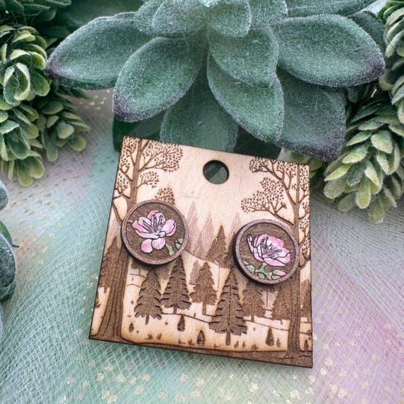 Apple Blossom Earrings: Floral Wood Studs (Hand-Painted, Lightweight)