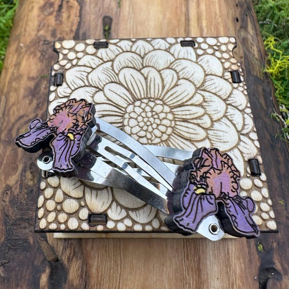 Pair Purple Iris Hand-Painted Hair Clips – Laser Cut Basswood & Stainless Steel