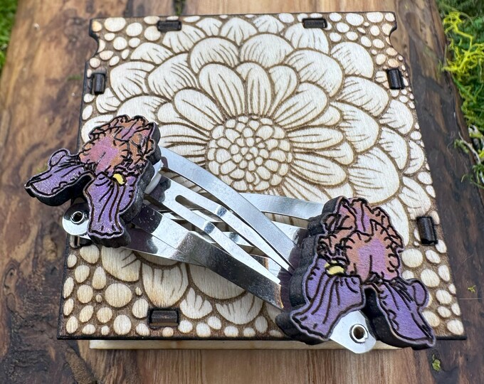 Pair Purple Iris Hand-Painted Hair Clips – Laser Cut Basswood & Stainless Steel
