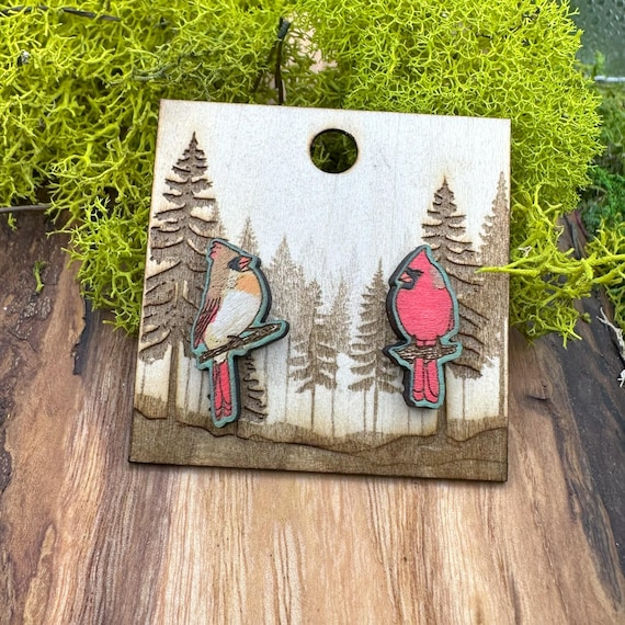 Hand-Painted Cardinal Earrings: Laser Cut Wood Bird Studs