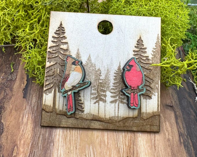 Hand-Painted Cardinal Earrings: Laser Cut Wood Bird Studs